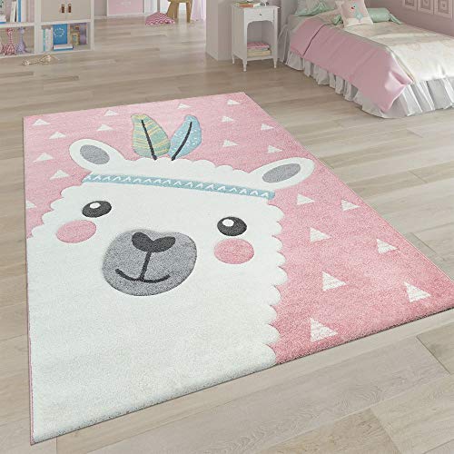 Paco Home Kinderteppich Rosa Kinderzimmer 3-D Design Alpaka Motiv Pastellfarben Robust, Grösse:80x150 cm
