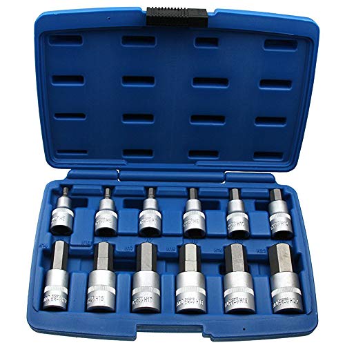12 x Kraft Innensechskant Einsatz/Steck-Nuss Schlüssel für Innen-6-kant Schrauben Steckschlüsseleinsatz Schraubenschlüssel-Einsatz Größe 5-22 mm 1/2'-Antrieb Chrom-Vanadium-Stahl