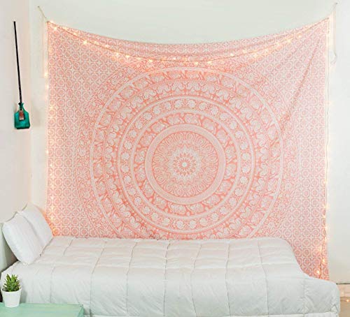 raajsee Indisch Psychedelic Wandteppich Mandala Glänzend Gold weiß, Elefant Boho Wandtuch Hippie Twin 140x210 cm,Golden Decke Wandbehang,/Beach Tapestry Yoga Meditation Mat/A
