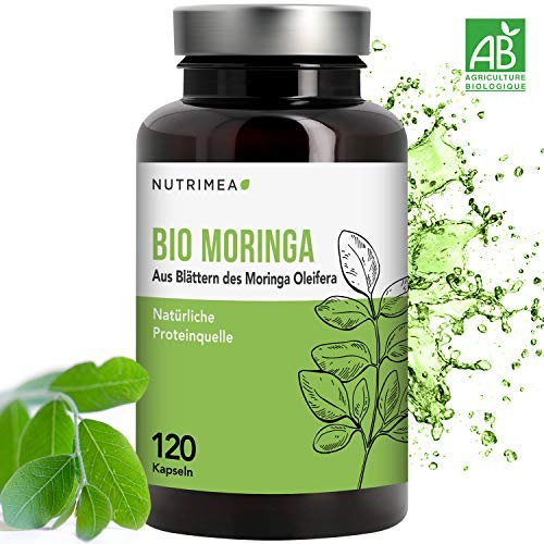 Moringa Kapseln BIO Hochdosiert - Zertifizierte BIO-Qualität - 100% Reines Moringa Oleifera Blatt-Pulver - 4 Monatsvorrat Natürliche Proteinquelle & Vitamine für Veganer - Energy & Vitalität
