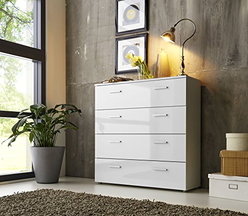 Schubladen Kommode Sideboard Anrichte MARBELLA in Hochglanz Weiß - Made in Germany - Höhe 91cm, Breite 88cm, Tiefe 32cm