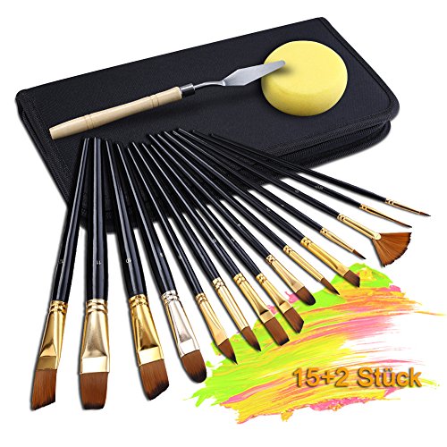 GHB 15 Stück Pinselset Künstlerpinsel Acrylpinsel für Acrylmalerei Aquarellmalerei Ölmalerei Flachpinsel Bürste mit Spachtel und Nylon Tasche Schwarz