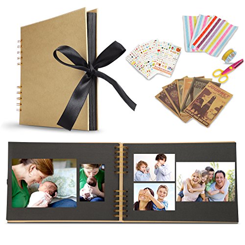 Koooper DIY Scrapbook Fotoalbum, 80 Seiten Schwarzes Kraft Papier A4 Fotobuch Jubiläum Scrapbook, Reise Album, Baby Family Foto Album mit Bonus Geschenk für Geburtstags Hochzeit Weihnachten Geschenk
