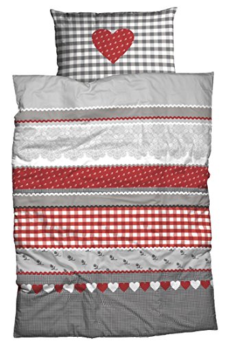CASATEX Fein-Biber-Bettwäsche 'Herz-Karo' im Landhausstil 135x200 cm silber-rot