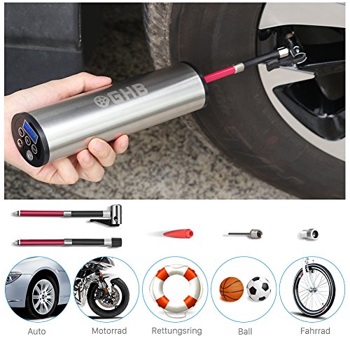 GHB Mini Auto-Luftpumpe Elektrischer Luftverdichter für Fahrrad Ball Ballon 150 PSI Portabel Aufladbar mit LCD-Display
