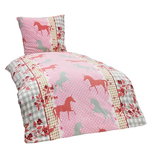 Dreamhome24 2 TLG Kinder Warme Kuschel Fleece Bettwäsche Einhorn Feuerwehrmann Pferd Pingin 135x200 80x80, Designe:Einhorn