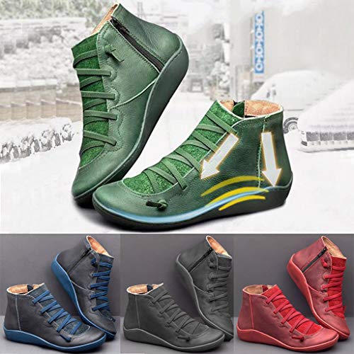 Mode Kurze Stiefel Damen Seitlicher Reißverschluss Runde Kappe Schuhstiefel,Frauen Flache Leder Retro Schnürstiefel Schöne Stiefeletten Booties Winter Damenschuhe