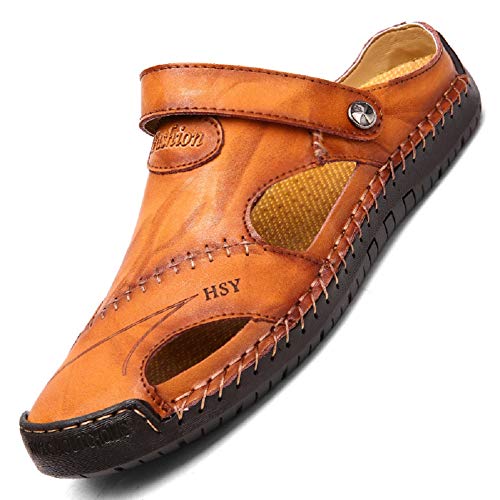 tqgold Flip Flops Herren Sandalen Sommer Leder Strandschuhe Hausschuhe Slipper Clogs Zehentrenner aus Rindsleder(Gelb Braun,Größe 43)