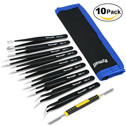 RYMALL 10 pcs Anti-Statik-Edelstahl + Brechstange Toolkit, ESD präzise Pinzette gerade gebogen anatomisch Reparatur Tools für Elektronik, Schmuckherstellung, Industrie, Schwarz