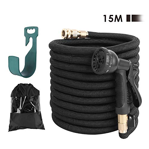 FIXKIT Wasserschlauch erweiterbarer Gartenschlauch, Beschläge aus reinem Messing, Einziehbarer Bewässerungsschlauch, mit 3-Fach Latexkern, Gewebe mit hoher Dichte, 8 Funktionsspray enthalten(15M)