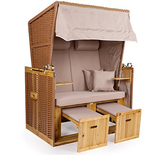 Strandkorb Deluxe Polyrattan Sylt Ostsee Volllieger inkl. 4 x Kissen XL120cm Beige Unifarben