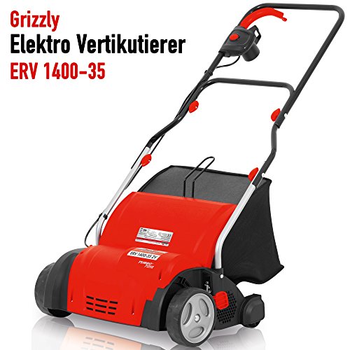 Grizzly Elektro Vertikutierer ERV 1400 - elektrischer Rasenvertikutierer, Rasenlüfter zur Gartenpflege - (1400 Watt, 35cm Arbeitsbreite, 4-fach höhenverstellbar, 40Liter Fangkorb, empfohlen für Flächen bis 400 m²)