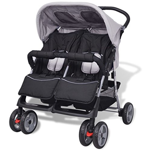 vidaXL Zwillingsbuggy Geschwisterkinderwagen Zwillingswagen Stahl Grau/Schwarz