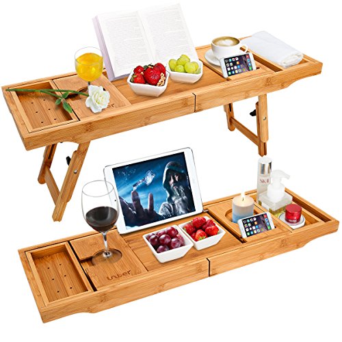 Unuber Badewanne Caddy & Laptop Bett Schreibtisch - 2 in 1 innovatives Design verwandelt unsere 100% extra große Bambus Badewanne Tablett zu Bett Tablett - für das ultimative Verwöhnerlebnis