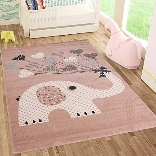 Fashion4Home | Kinderteppiche Elefant mit Herzen Ballons | Kinderteppich für Mädchen und Jungs | Teppich für Kinderzimmer | Schadstofffrei Kinderzimmerteppiche geprüft von Öko-Tex