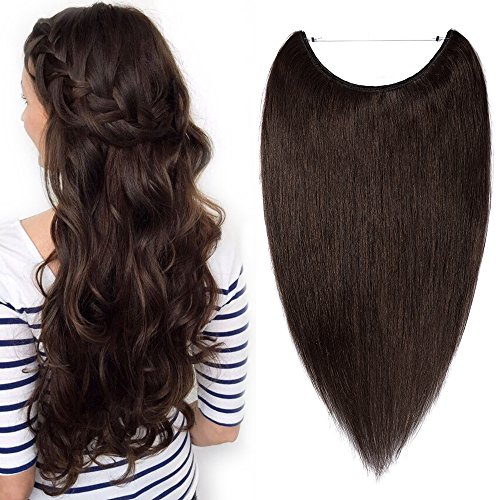 TESS Echthaar Extensions günstig 1 Tresse Remy Haarverlängerung mit Draht Haarverdichtung Glatt 20'(50cm)-70g(#2 Dunkelbraun)