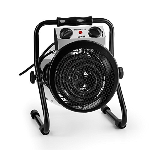 Waldbeck Strato • Gewächshausheizung • Elektro-Gebläseheizung • Heizlüfter • 2000 Watt Heizleistung • 210 m³/h Luftumwälzung • 2 Betriebsmodi • für Feuchträume geeignet • IPX4 spritzwassergeschützt • Tragegriff • stabiler Standfuß • silber-schwarz