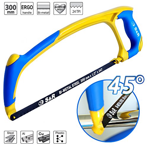 S&R Metallsäge / Bügelsäge, Bimetall Sägeblatt 300 mm und 45° Anschlag, SPEZIELLER ergonomischer Handgriff | Handsäge Sägebogen | Säge Bimetall