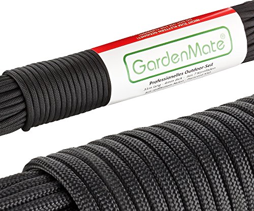GardenMate Professionelles Nylon Outdoor-Seil SCHWARZ 31m lang - 4mm dick - Kernmantel-Seil aus 7 Kernfäden - aus reißfestem Nylon - Paracord 550