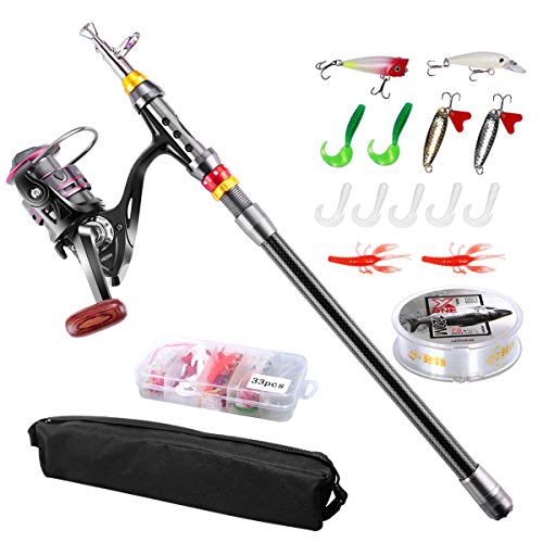 Angelrute Teleskoprute Combo Full Kit, Fishing Rod, FishOaky 2.1M Carbon Fiber Angelruten Angeln Rute Pole Set mit 100 m Line Kunstköder Haken und Angeln Tasche Fall für Kinder & Erwachsene