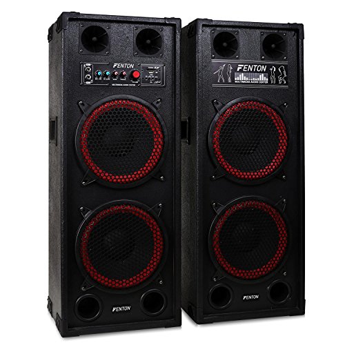 Fenton SPB-210 • PA-Aktiv-Lautsprecher • 1200W max. Leistung • je 2 x 10-Woofer und 2 Piezo-Hochtöner • USB- und SD/MMC-Slots • Tragegriffe • Schutzecken und Boxengitter aus Metall • schwarz-rot