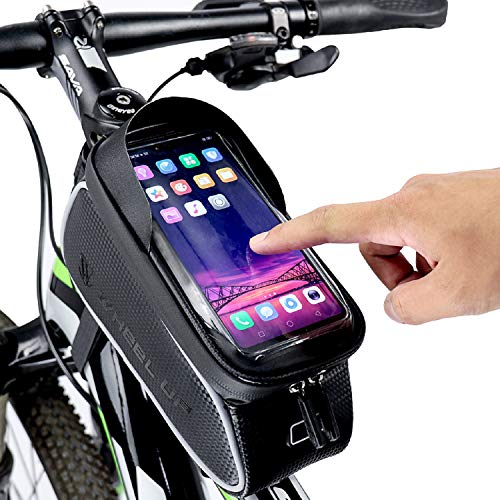 SNAWOWO Fahrrad Rahmentasche wasserdichte Fahrradtasche Oberrohrtasche Handytasche mit Sonnenblende Kopfhörerloch TPU Touchscreen Fahrrad Handyhalter für Smartphones bis 6.5 Zoll