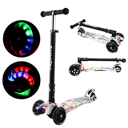 WeSkate R3 gemusterter Kinderscooter Kinderroller, höhenverstellbarer und faltbarer Kick Roller Tret-Roller mit PU Rädern, mit 4-blinkenden Rädern, 2-Rädern Hinterbremsen, speziellem Faltsystem, die Verdickung von den Rädern und dem Trittbrett, für Kinder ab 3 Jahren, in 3 Höhen verstellbar und bis 60kg belastbar (Verschiedene Muster )
