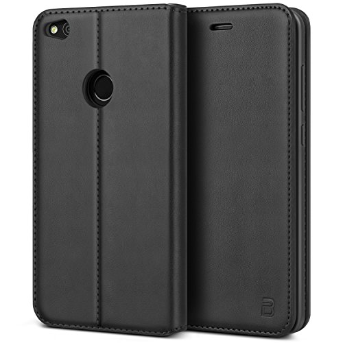 BEZ Hülle für Huawei P8 Lite 2017 Hülle, Handyhülle Kompatibel für Huawei P8 Lite 2017 Tasche, Case Schutzhüllen aus Klappetui mit Kreditkartenhaltern, Ständer, Magnetverschluss, Schwarz