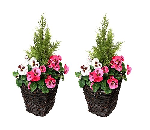 : Künstliche Terrasse Pflanzgefäßen, Pink & Weiß Blumen & Konifere/Zeder Formschnitt (Set von 2)