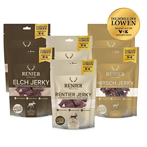 Renjer Trockenfleisch TryMe | Hochwertiges Jerky, handgeschnitten und schonend getrocknet und gesalzen, ohne Zucker, glutenfrei [Elch, Rentier, Hirsch] (6er)