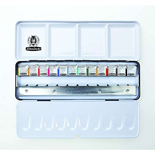 Schmincke Aquarellfarbe, Akademie Aquarell Malkasten, Metallkasten, 12 x 1/2 Näpfchen + Platz für 12 weitere 1/2 Näpfchen