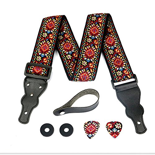 Gitarrengurt rot Vintage gewebt mit gratis Bonus 2 Gitarrenplektren + Schnallen + Gürtelknopf. für Bass-, Elektro- und Akustikgitarren. Das beste Gitarrist-Geschenk von der Kunst-Tribut-Lebenszeit-Garantie