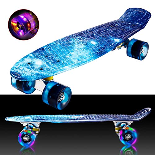 Hiriyt Mini Cruiser Skateboard Retro Komplettboard - 22' 55cm Vintage Skateboard Für Anfänger Jugendliche Und Erwachsene - 4 Ledteile Erleuchten Das Glatte Pu Rad