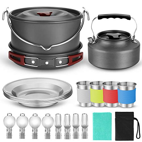 Odoland 22-teiliges Camping Geschirr Set, Camping Kochtopf Set inkl.4 L Kochtopf, 1.1 L Camping Teekessel u. 1.5 L Pfanne und Campingbesteck aus Edelstahl usw. für Outdoor Kochen