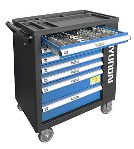 HYUNDAI Werkstattwagen SET 59001 (287-teilig, hochwertiger Werkzeugwagen, 7 Schubladen mit Einlagen, Montagewagen, 5 bestückte Schubladen, gefüllt mit Profiwerkzeug, zentral abschliessbar)