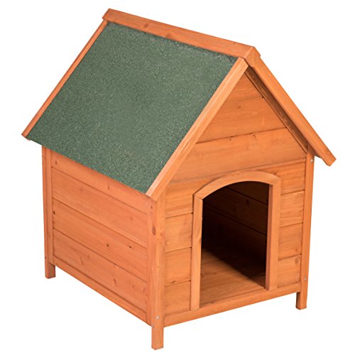 Ribelli Wetterfeste Hundehütte aus Braunem Tannenholz mit grünem Spitzdach - Hundehaus Hundehöhle mit Abnehmbarem Dach, ca. 66 x 82,5 x 74 cm