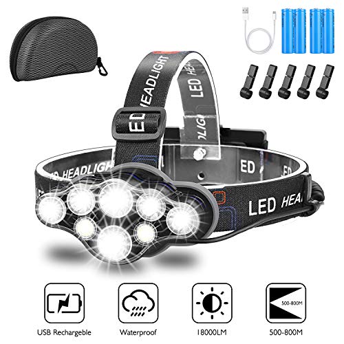 Stirnlampe,Superheller 18000 Lumen 8 LED 8 Modi Kopflampe mit Rotem Warnlicht,USB Wiederaufladbare Wasserdicht Einstelllbare,Stirnleuchte Für Fischen,Keller,Laufen,Joggen,Wandern,Lesen,Arbeiten