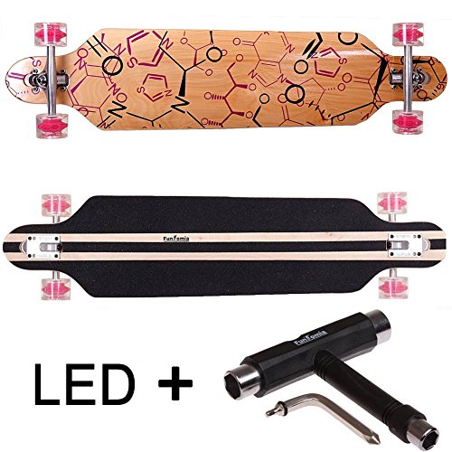 FunTomia Longboard Skateboard Drop Through Cruiser Komplettboard mit Mach1 ABEC-11 High Speed Kugellager T-Tool (Modell Freerider2 - Farbe Phrase mit LED Rollen + T-Tool)