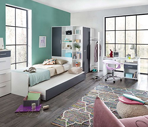 lifestyle4living Jugendzimmer in strahlendem weiß mit Absetzungen in Graphit, 5-teiliges Komplettset mit begehbarem Eckkleiderschrank, Kinderzimmer