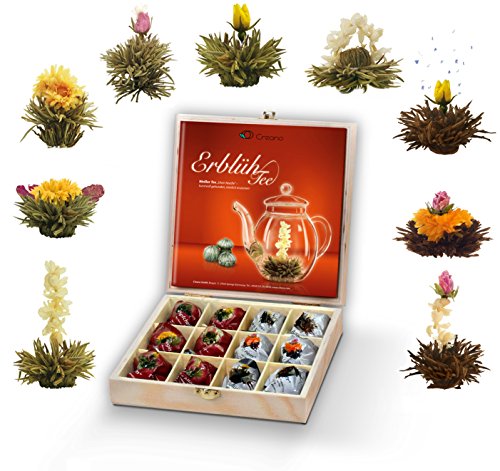 Creano Teeblumen Geschenkset in Teekiste aus Holz, 12 ErblühTee in 9 Sorten | Weißtee & Schwarztee