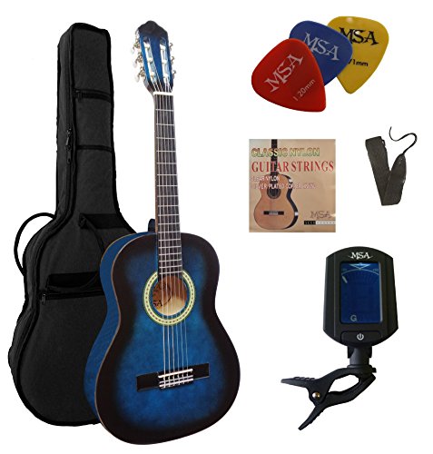3/4 GITARRE - KONZERTGITARRE IM SET - CLASSIC - BLAU-SCHATTIERT - DECKE LINDENHOLZ - TASCHE - BAND - SAITEN - 3xPIK - STIMMGERÄT ET33B - C9