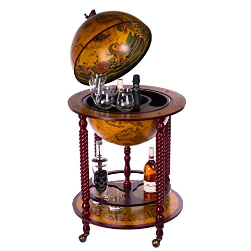 Riesiger Barwagen 45043, mit massiven Eukalyptusholz Säulen, in antik Rotbraun, geöffnet 120 cm hoch und 61 cm breit, beweglich durch Rollen, antike Weltkugel Globusbar, Bartisch, Hausbar, Barwagen, Weltkugel, Cocktailbar, Dekobar, Tischbar