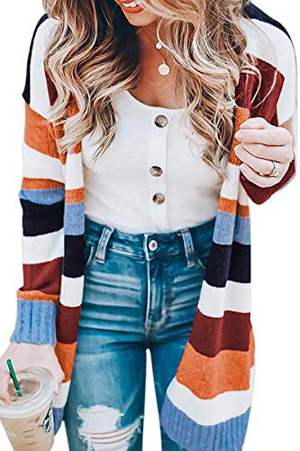ECOWISH Damen Herbst Strickjacke Casual Gestreift Cardigan Bunt Outwear Lose Strickpullover Langarm Coat Bunt M