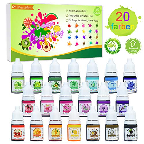 Seifenfarbe Set 20er x 6ml - Lebensmittelqualität Seifenfarben Färbende Hautverträgliche Farbe Pigment für die Seifenherstellung, Regenbogen Flüssigseife für DIY Kit Badebomben, Schleim, Kunsthandwerk