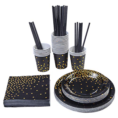 Aneco 146 Stück Schwarz mit Goldfolie Party Supplies Einweg-Partygeschirr Set für Abschlussfeier, Party, für 24 Gäste schwarz