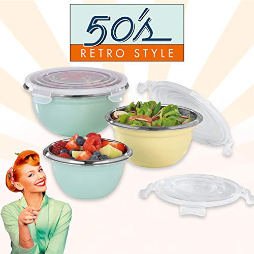 GOURMETmaxx Edelstahl-Schüsseln Retro Metallic Design mit klick it Verschluss Deckel, auslaufsicheres Set 3-TLG. 500ml + 800ml + 1350ml
