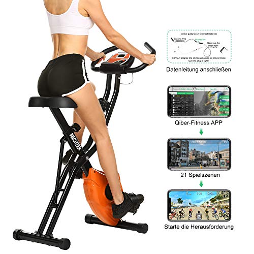 Profun Klapp-Heimtrainer mit APP-Simulationsspiel, Indoor-Fitnessbike mit 10-stufig einstellbarem Magnetwiderstand und Tablet-Ständer sowie großem und bequemem Sitz (Orange)