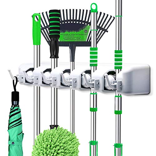 Puaida Besenhalter, Wand Gerätehalter mit 5 Schnellspannern und 6 Haken, perfekt Mop Besen Ordnungsleiste für Gartenwerkzeug Küche Badezimmer Garage