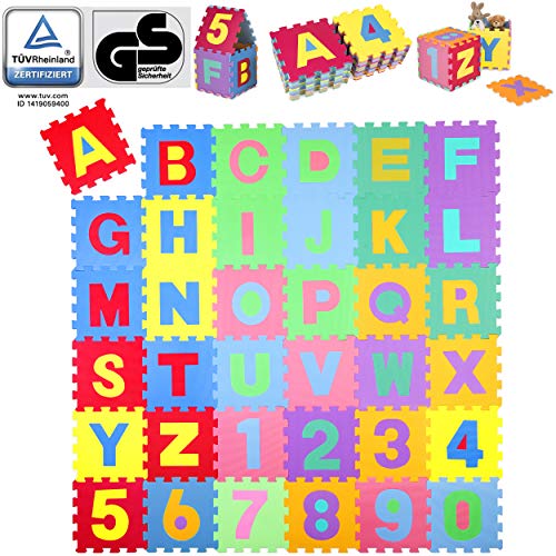 KIDUKU 86 teilige Puzzlematte TÜV Rheinland Zertifiziert Kinderspielteppich Spielmatte Spielteppich Schaumstoffmatte Kinderteppich, Zahlen und Buchstaben, Maß je Matte ca. 31,5 x 31,5 cm