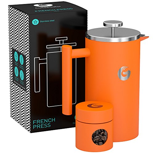 FRENCH PRESS/KAFFEEBEREITER/TEEBEREITER 1 Liter von Coffee Gator - Doppelwandige Französische Kaffeepresse um Kaffee länger warm zu behalten - Kaffeekanne in graumatt - Mini Kaffeedose gratis dazu